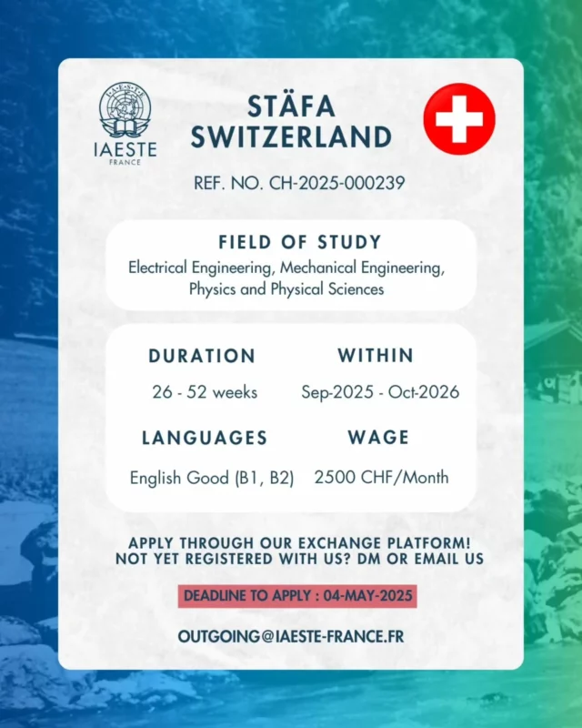 📢 Offres de stage en Suisse 📢
🚨 Deadline pour postuler : 4 mai 2025 🚨

💡Ces offres sont à pourvoir dans les domaines de la chimie, du génie chimique, des sciences des matériaux, et de la physique. Comme toujours, elles sont rémunérées à hauteur de la vie sur place💸

👉 Si tu cherches un stage dans ces domaines, n’hésite pas à postuler via notre association !
⌛ N’attends plus pour postuler !
➡️ Pour savoir comment postuler à une offre de stage, rends-toi sur l’un de nos précédents posts « Comment postuler à une offre de stage ? »

💌 Si jamais tu as toujours des questions, tu peux nous contacter par DM ou par mail : exchange@iaeste-france.fr

Pour les deadlines proches, ne t’en fais pas : on est là pour t’aider dans ta candidature 🤗

À bientôt 💙

#IAESTE #IAESTEFrance #IAESTESwitzerland #work #experience #discover #internship #internshipabroad #travel #explore #stage